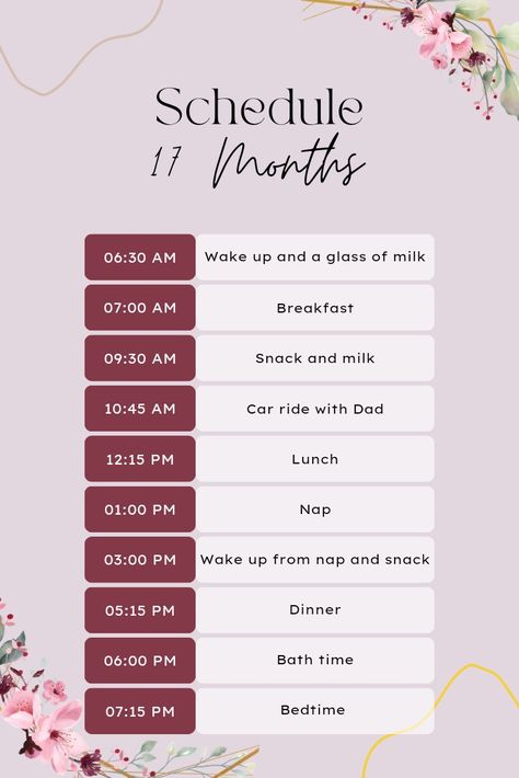 This is our current schedule. It works for us with our work schedules and allows me to see her before work, at lunch and after work. Work Schedule, Breakfast Snacks, Glass Of Milk, Wake Up, It Works, Snacks, 10 Things