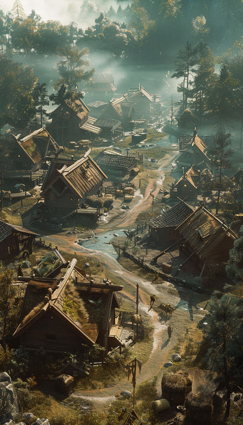 Viking Village Setting inner land trees cottages Dnd Village Art, Viking Fantasy Aesthetic, Fantasy Village Aesthetic, Post Apocalyptic Village, Village Festival Aesthetic, Forest Village Aesthetic, Old Village Aesthetic, Viking Core, Medieval Village Concept Art