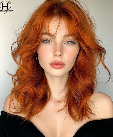 Wispy Bangs with Fall Hair Colors 2024 Copper Soft Sophistication. Rich Ginger Hair, Ginger With Curtain Bangs, Copper Hair With Tan Skin, Cooper Hair With Bangs, Copper Hair Fair Skin Blue Eyes, Copper Hair With Face Framing Highlights, Short Ginger Hair With Bangs, Copper Hair With Bangs, Kpop Hair Color