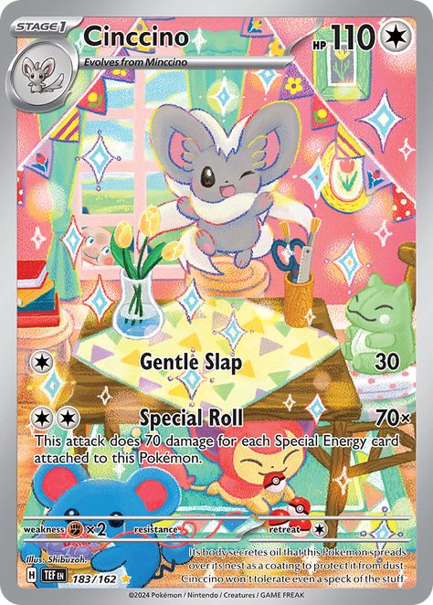 Cinccino · 110 HP · {C} Pokémon (Cinccino) › Stage 1 : Evolves from Minccino {C} → Gentle Slap : 30 {C}{C} → Special Roll : 70× This attack does 70 damage for each Special Energy card attached to this Pokémon. weak: {F}×2 | resist: […] Kartu Pokemon, Rare Pokemon Cards, Cool Pokemon Cards, Rare Pokemon, Scarlet Violet, Pokemon Coloring, Pokemon Trading Card Game, Pokemon Trading Card, Pokemon Card