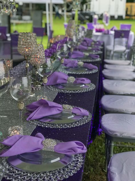 Diy Wedding Decorations Purple, Purple Party Table Decorations, Purple And Silver Table Decorations, Purple And Lavender Birthday Decorations, Purple And Gray Wedding Decorations, Quince Decorations Purple And Silver, Purple And White Party Decorations, Shades Of Purple Party, Purple And Silver Table Setting