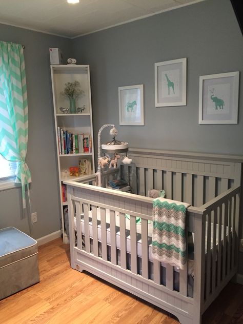 Neutral mint grey safari nursery baby room. Boy or girl Sage Green And Grey Nursery Boy, Nursery With Grey Crib, Grey Jungle Theme Nursery, Grey Animal Themed Nursery, Gender Neutral Nursery Gray Crib, Gray Nursery Ideas, Prince Room, Baby Nursery Boy, Green And Gray Jungle Nursery Bedding