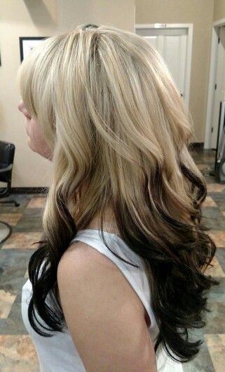 Black Tips On Blonde Hair, Blonde Hair Dark Ends, Blonde Hair Brown Ends, Blond Hair With Black Tips, Hair Dipped Ends, Blonde Hair Black Ends, Blonde Hair With Brown Tips, Blonde Ghost Roots, Blonde Roots Dark Ends