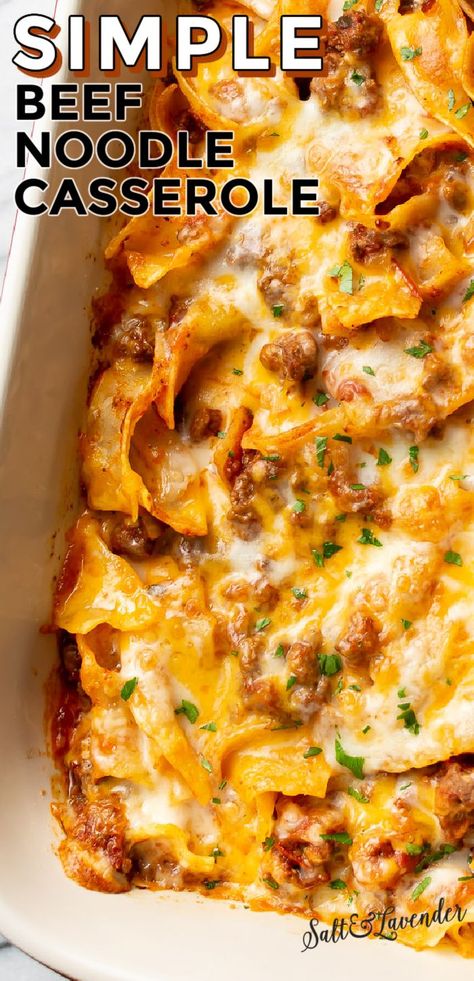 A hot weeknight dinner is easy with this delicious and simple beef noodle casserole recipe! It uses everyday ingredients and is family friendly. Egg Noodle Beef Casserole, Easy Beef Noodle Casserole, Simple Beef Casserole Recipes, Noodles And Hamburger Meat Recipes, Hamburg Noodle Casserole, Burger Noodle Casserole, Dinner Ideas Egg Noodles, Creamy Beef Noodle Casserole, Hamber Recipes Ground Beef With Pasta