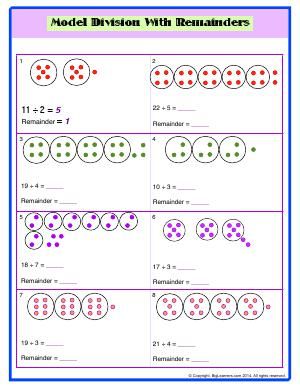 Worksheet | Model Division With Remainders | Write the quotients and remainder shown by the counters. Division With Remainders Worksheets, Division With Remainders, Long Division Worksheets, Long Division, Division Worksheets, 2nd Grade Worksheets, Third Grade Math, Math Methods, Math Worksheet