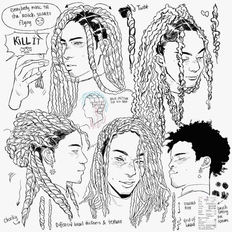 Poc Hair Tutorial Drawing, Locs Male Drawing, Drawing Locs Reference, Black Male Hairstyles Drawing Reference, Hair Locks Drawing Reference, Drawing Poc Hairstyles, Long Locs Drawing Reference, Locs Hairstyles Drawing Reference, Black Hair Art Tutorial