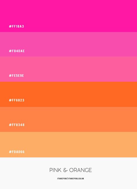 Pink and Orange Colour Scheme #Colour Palette 70 I Take You | Wedding Readings | Wedding Ideas | Wedding Dresses | Wedding Theme Pink And Orange Color Palette Hex Codes, Pink And Orange Colour Scheme, Orange Pink Black Color Palette, Pink And Orange Retro Wedding, Pink And Orange Wedding Palette, Different Shades Of Pink Wedding Theme, Party Colour Themes Color Palettes, Pink Wedding Palette Colour Schemes, Orange Pink Color Scheme