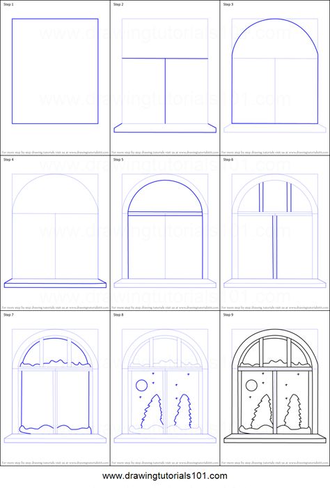 How to Draw Winter Window printable step by step drawing sheet : DrawingTutorials101.com How To Draw Windows Step By Step, How To Draw Doors Step By Step, How To Draw A Window Step By Step, Windows Drawing Sketch, Winter Window Drawing Ideas, How To Draw Windows, How To Draw A Window, Window Drawing Reference, Winter Window Drawing