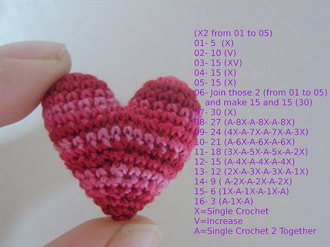 This is the Crocheted Heart Pattern / add to 24 in the beginning it becomes more slim / to 12 it becomes more chubby Knitted Heart Tattoo, Closing Stitch, Dan Zaljubljenih, Hobby Inspiration, 3d Crochet, Crochet Pumpkins, Woolen Craft, Crochet Heart Pattern, Confection Au Crochet