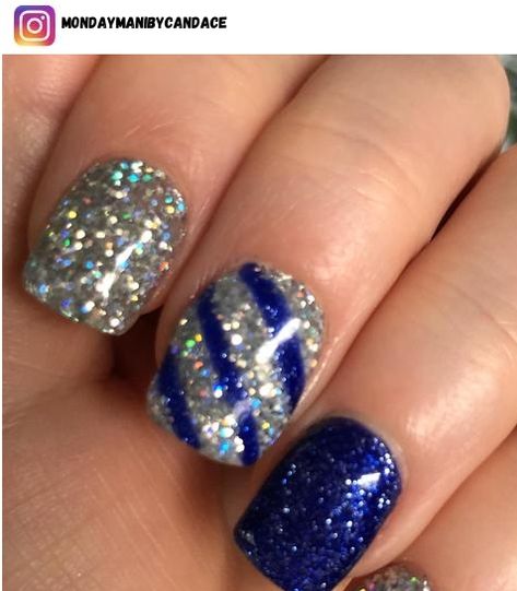 49 Blue and Silver Nail Designs for 2023 - Nerd About Town Blue Dip Nails With Glitter, Blue And White Dip Nails, Denim And Diamonds Nails, Blue Silver Nail Designs, Hanukkah Nails Designs, Blue And Silver Gel Nails, Blue And Gray Nails, New Years Nails Blue, Blue New Years Nails