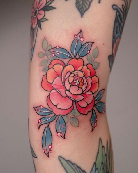 Tattoo Flowers Colorful, Flower Leg Tattoo, Pink Flower Tattoo, Aesthetic Tattoo Ideas, Traditional Tattoo Flowers, Tattoo Practice, Pink Tattoo, Handpoke Tattoo, Tatuaje A Color