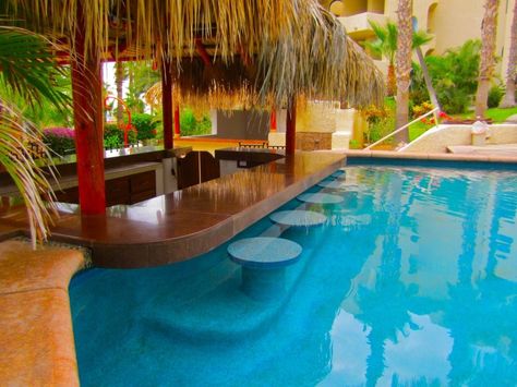 Pool With A Bar, Tiki Pool Bar, Swimming Pool Bar, Pool Bar Design, Beach House Pool, Grotto Pool, Outdoor Tiki Bar, Pool Side Bar, Pool Gazebo