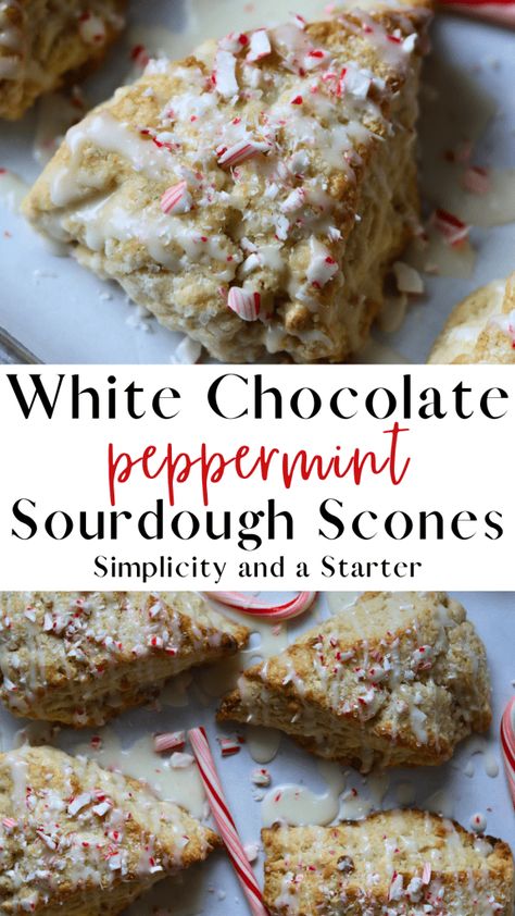 White Chocolate Peppermint Sourdough Scone Pinterest Pin Sourdough Scones Recipe, Christmas Scones, Sourdough Scones, White Chocolate Drizzle, Recipe Using Sourdough Starter, White Chocolate Peppermint, Sourdough Starter Discard Recipe, Homemade Sourdough Bread, Christmas Morning Breakfast