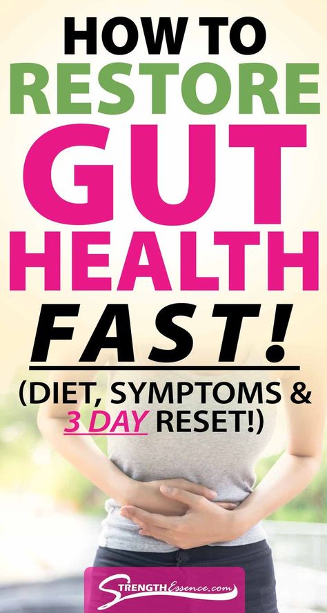 woman grabbing painful stomach gradient with How to Restore Gut Health Fast! (Diet, Symptoms & 3 Day Reset!) text overlay Repair Gut Health, Food To Clean Your Gut, Fasting For Gut Healing, Symptoms Of Leaky Gut, How To Clean Out Your Gut, Ways To Heal Your Gut, Food To Improve Gut Health, How To Get A Healthy Gut, How To Restore Gut Health