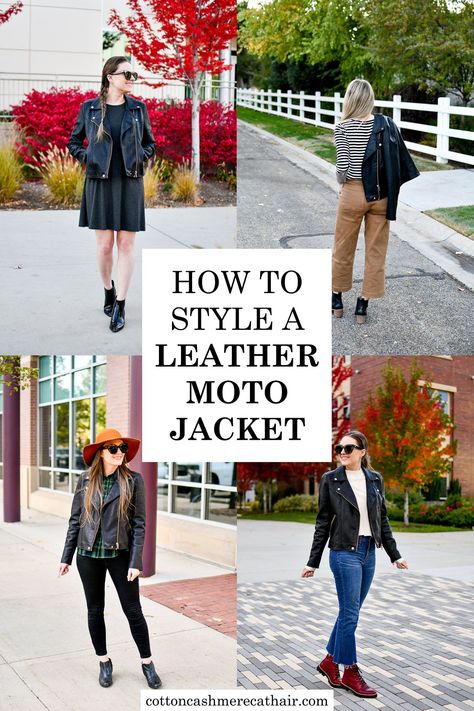 How to style a leather moto jacket | 14 leather moto jacket outfit ideas | Blank NYC Life Changer faux leather moto jacket | casual fall outfit ideas | transitional outfits | Cotton Cashmere Cat Hair What To Wear With Moto Jacket, Knit Moto Jacket Outfit, Black Moto Jacket Outfit Dressy, Navy Moto Jacket Outfits, How To Style A Moto Jacket Outfit Ideas, Style Moto Jacket, Moto Jacket Outfit 2023, Plus Size Moto Jacket Outfit, Casual Faux Leather Jacket