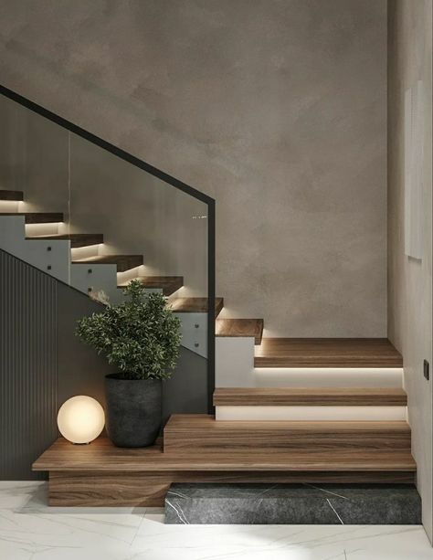 Two Toned Stairs, Stair Cases Modern, Inside Stairs Ideas Modern, Modern Basement Stairs, Wood And Marble Stairs, Japandi Staircase, Stairs Modern Design, House Stairs Design, Stair Landing Decor Ideas