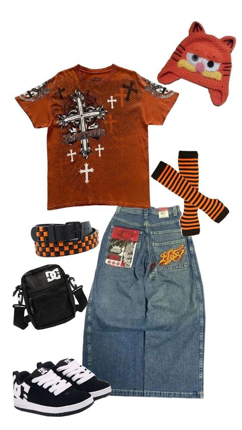 orange y2k outfit Black And Orange Outfit Ideas, Orange Goth Outfit, Orange Grunge, Orange Y2k Outfit, Orange Y2k, Orange Outfit Ideas, Super Cool Stuff, Silly Clothes, Orange Fits