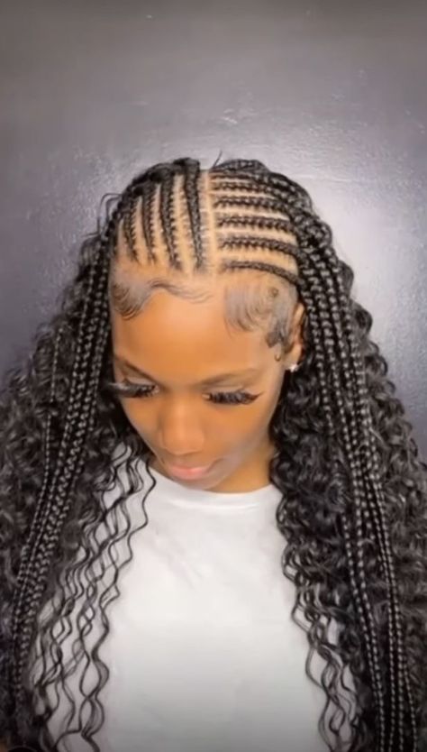 Vacation Hairstyles For Black Women Weave, Braids With Hair Out In The Back, Feed In Braids Curly Hair, Feedin Braids With Quick Weave, Fulani Braids With Weave In The Back, Feed Ins With Curly Weave, Cornrows With Weave In The Back, Conrows Lines And Braids With Curls, Cornrows And Weave Hairstyles