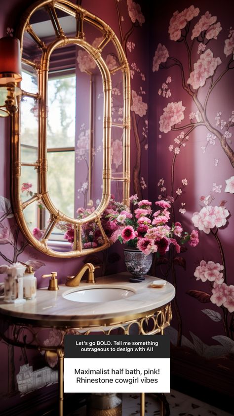 maximalist pink half bath Wallpaper Half Bath, Jordan Ideas, Pink Powder Room, Black Floral Wallpaper, Wallpaper Powder Room, Pink Apartment, Pink Velvet Chair, Unique Sinks, Pink Powder