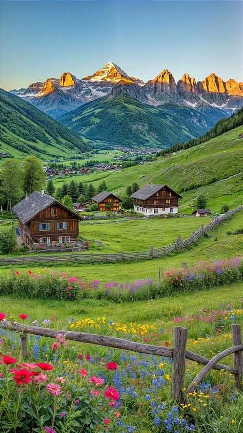 Alpine Landscape, Alps Mountains, Mountain Farm, African American Artwork, Alpine Village, Scenery Photos, Beautiful Landscape Photography, Rays Of The Sun, Dreamy Photography