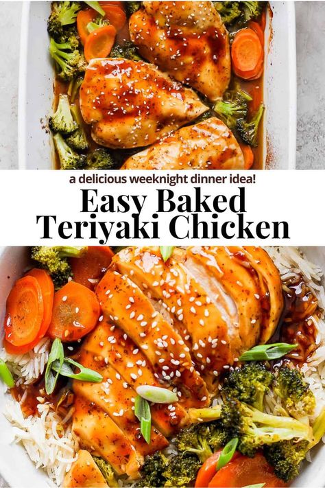 Baked Teriyaki Chicken - a delicious and super easy baked teriyaki chicken recipe that is perfect for a busy weeknight dinner! #bakedteriyakichicken #bakedchickenteriyaki #Chickenteriyakirecipe #bakedteriyakichickenthighs ##bakedteriyakichickenbreasts Whole30 Teriyaki Chicken, One Pan Chicken Teriyaki, Teriyaki Chicken In The Oven, High Protein Chicken Teriyaki, Baked Chicken Dairy Free, Mr Yoshida Recipes Teriyaki Chicken, Teriyaki Chicken Baked Easy, Oven Baked Chicken Teriyaki, Baked Teriyaki Chicken Tenders