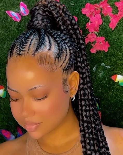 Feed In Braids With Ponytail, Feeder Ponytail Braids, Feeder Braids Ponytail, Stitch Braids Ponytail With Curls, Pony Cornrow Hairstyles, 2 Braided Ponytail Hairstyles, Trible Braids With Curly Hair, Stitch Braided Ponytail, Feed In Ponytail Braids