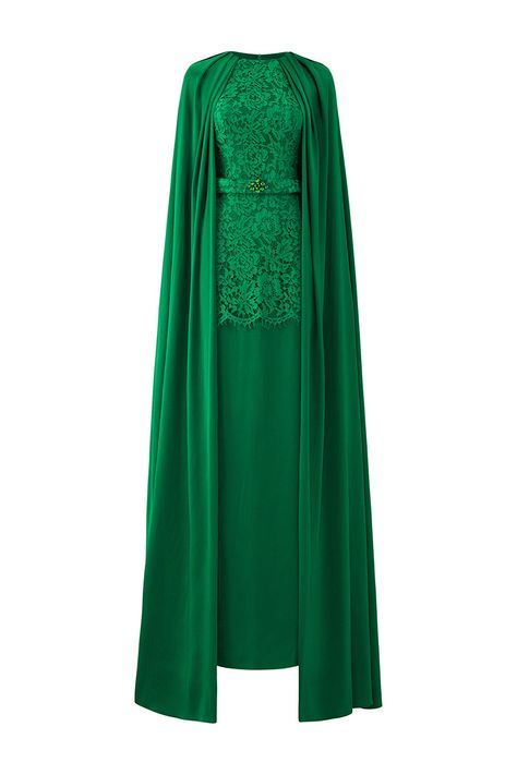 Gown with a pleated cape, round neckline with stones, and belt, comes with Japanese silk material. - Column shape- Fully-lined- Invisible zipper down the side- Made in Vietnam Composition: 100% PolyesterShoulder to Hemline: 156cm Model wears size XS Kaftan Fashion, Green Cape, Long Length Dresses, Knitwear Outfit, Pleated Neckline, Happy Clothes, Silk And Lace, Floor Length Dress, Column Gown