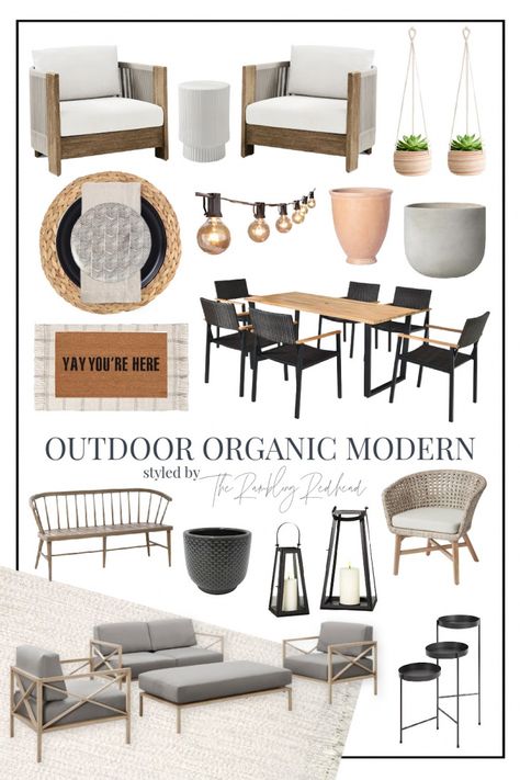 Cute Outdoor Patios Styled Four Different Ways! | The Rambling Redhead Organic Modern Porch, Organic Modern Backyard, Patio Mood Board, Rambling Redhead, Nj House, Backyard Landscapes, Front Porch Furniture, Outdoor Styling, Airbnb Ideas