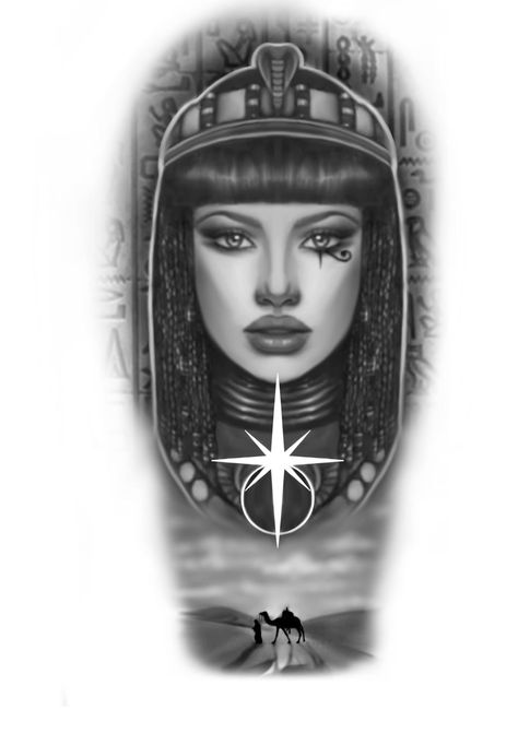 Cleopatra Tattoo Egyptian, Cleopatra Drawing, Cleopatra Tattoo Design, Tattoo Cleopatra, Egyptian Queen Tattoos, Cleopatra Tattoo, Egypt Tattoo Design, Nefertiti Tattoo, Egyptian Goddess Art