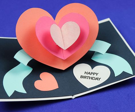 DIY Pop Up Heart Birthday Card Happy Birthday Pop Up Card Diy, Happy Birthday Card Ideas Homemade Pop Up, Heart Pop Up Card Diy, Pop Out Heart Card, Romantic Birthday Cards, Heart Pop Up Card, Card Template Free, Birthday Cards Images, Diy Pop Up Cards