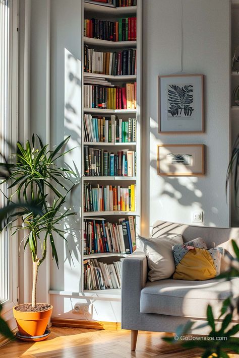 Curved Corner Bookshelves, Bookshelf Design Wall, Corner Bookshelf Ideas, Corner Bookshelf Ikea, Bookshelves Corner, Small Home Library Ideas, Room With Bookshelves, Small Home Library, Bookshelves For Small Spaces