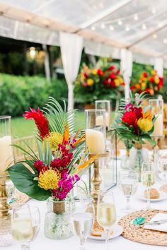 Tropical Flowers Table Decor, Key West Theme Party Decor, Tropical Flower Table Arrangements, Tropical Rehearsal Dinner Decorations, Tropical Flower Garland, Tropical Wedding Theme Table Decor, Tropical Garden Wedding Ideas, Key West Theme Party, Hawaii Wedding Table Decor