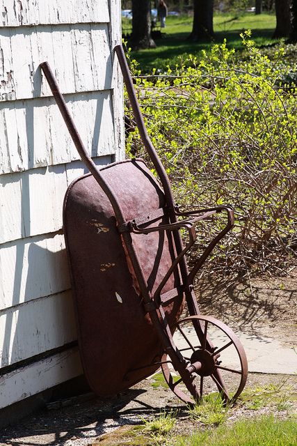 Old iron wheel wheelbarrow- have this check out the front yard! Wheel Barrow, Wheelbarrows, Vintage Gardening, Old Farm Equipment, Farm Tools, Backyard Sheds, Old Tools, Down On The Farm, Potting Shed