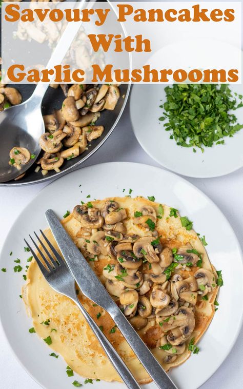 This savoury pancakes with garlic mushrooms is a delicious mushroom pancakes recipe for two which can be served in only 15 minutes! #neilshealthymeals #savourypancakeswithgarlicmushrooms #pancakeswithgarlicmushrooms #savourypancakes Mushroom Pancakes, Healthy Meals Breakfast, Healthy Meals Dinner, Recipes Breakfast Easy, Salad Casserole, Quick Healthy Dinners, Healthy Meals Easy, Savoury Pancakes, Curry Vegetarian