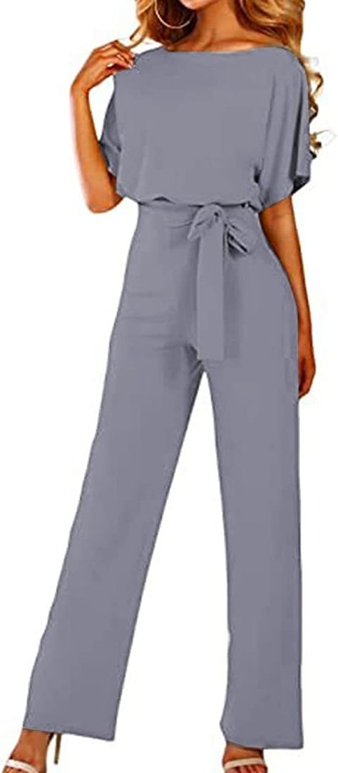 Ailunsnika Soild Business Suit for Womens Flowy Short Sleeve Romper Playsuit O Neck Overall Jumpsuits with Belt Grey M : Amazon.ca: Clothing, Shoes & Accessories Solid Color Jumpsuits, Belt Jumpsuit, Jumpsuit Elegant, Short Sleeve Jumpsuits, Jumpsuit With Sleeves, Pantalon Large, Loose Shorts, Romper Pants, Wide Leg Jumpsuit