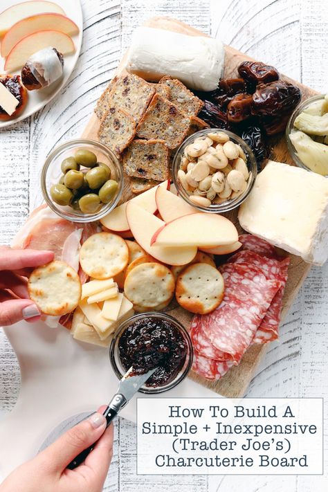 A no-frills,  step-by-step guide to building a simple and inexpensive Charcuterie Board using ingredients that can be found at Trader Joe's. Perfect for all social occasions. Inexpensive Charcuterie Board, Fig Butter, Fancy Cheese, Joe Recipe, Decorações Com Comidas, Charcuterie Inspiration, Charcuterie Platter, Charcuterie Cheese, Charcuterie And Cheese Board