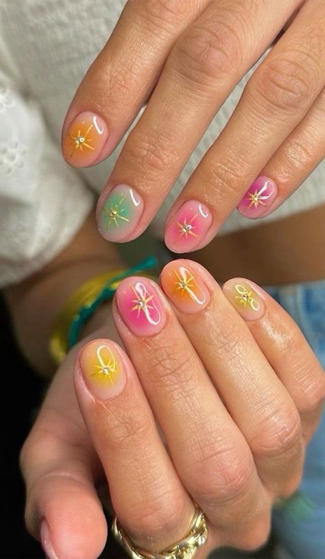 Mix And Match Nails Short, Nails Gel Short Simple, European Summer Nails, Short Funky Nails, Short Aura Nails, Subtle Pride Nails, Match Nails, Mix Match Nails, Rave Nails