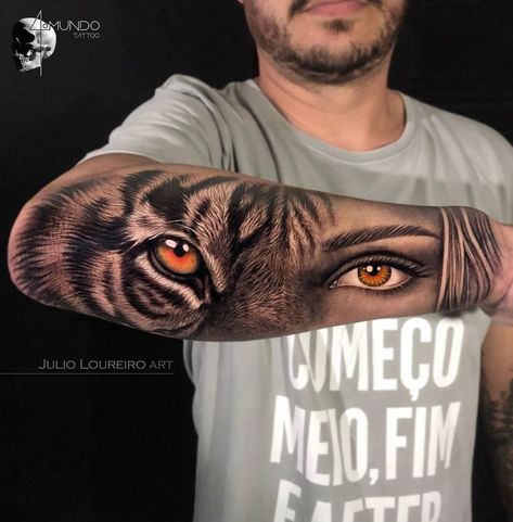 Tattoo work done with EM149 Tattoo work from Brazil on Instagram: @julioloureiro_art @stigma_tattoo_supply Tiger Eyes Tattoo, Arm Tattoos Black, Tiger Tattoo Sleeve, Half Sleeve Tattoos Forearm, Hyper Realistic Tattoo, Lion Tattoo Sleeves, Mens Lion Tattoo, Forearm Band Tattoos, Animal Tattoo Ideas