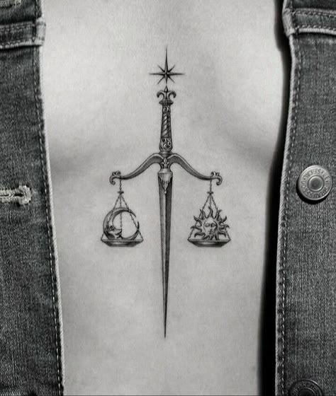 Scepter Tattoo, General Tattoo, Justice Tattoo, Balance Tattoo, Mermaid Tattoo Designs, Small Chest Tattoos, Mystical Tattoos, Libra Tattoo, Scale Tattoo