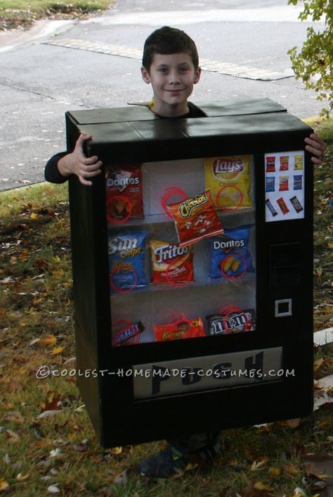 Our 9 year old son chose to be a vending machine this year for Halloween. It turned out awesome! We used a cardboard box with the 4 flaps extended out on t Vending Machine Costume, Teenager Bedroom, Video Game Costumes, Holloween Costume, Homemade Costumes, Halloween Costume Contest, Boy Halloween Costumes, Homemade Halloween, Costume Diy