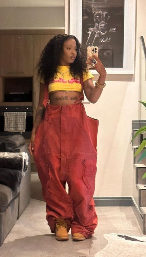 Fun Outfits Black Women, Eccentric Outfits Black Women, Raising Kanan Outfits, Artsy Outfit Black Women, Rolling Loud Outfits Miami Black Women, Maximalist Black Women, Red Overalls Outfits, Atlanta Outfits Black Women, Hoochiemama Aesthetic Outfit