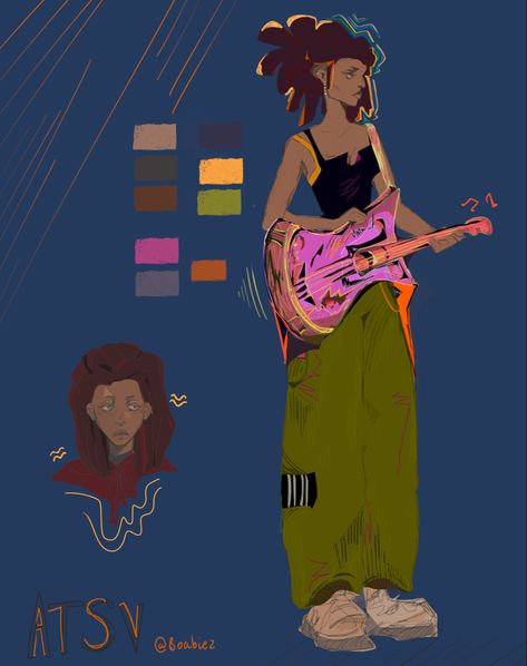 Digital illustration of a woman with a guitar, inspired by the art style of Spider-Man; across the spiderverse Spiderverse Official Art, Spiderman Into The Spiderverse, Into The Spiderverse, Spiderman, Concept Art, Character Design, Color, Art, Design