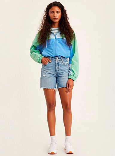 Distressed frayed 501 short | Levi's | Shop Women's Short Shorts Online in Canada | Simons Long Denim Shorts, Denim Shorts Outfit, Mid Thigh Shorts, Mid Length Shorts, Levi’s 501, Levi's 501, Long Shorts, Luxor, Cut Off Shorts