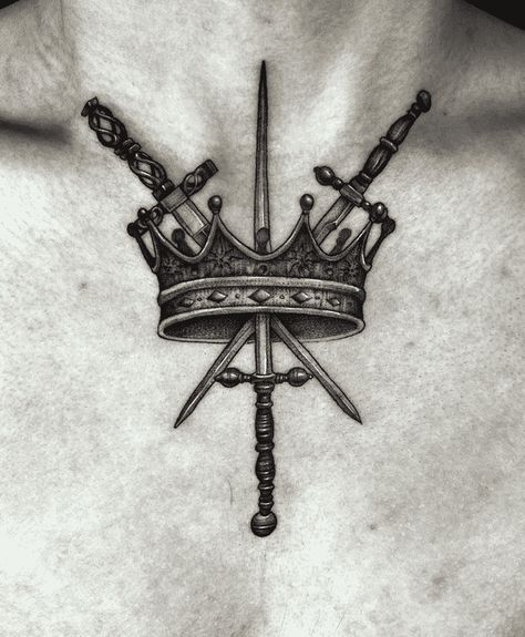 Medieval Crown Tattoo, Crown Chest Tattoo Men, Crown Tattoo Design Men, King Crown Tattoo Design For Men, Crown Tattoo Chest, Mens Crown Tattoo, Crown And Swords Tattoo, Crown Behind Ear Tattoo, Medieval Tattoo Design