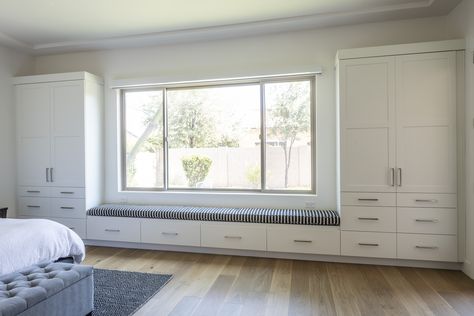 Gorgeous bedroom remodel in Scottsdale, AZ. Featuring window seating & wardrobe cabinetry. Wardrobe With Window Seating, Wardrobe With Window, Built In Wardrobe Ideas Layout, Concept Moodboard, Window Seating, New Home Build, Bedroom Built Ins, Bedroom Cupboards, Wardrobe Interior Design