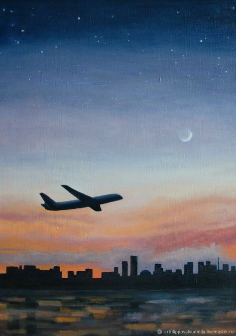 Plane Canvas Painting, Plane Watercolor Painting, Lukisan Ideas, Airplane Painting Easy, Plane Painting, Airplane Painting, Sunset Canvas Painting, Easy Landscape Paintings, Airplane Drawing