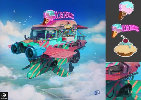 ICE CREAM flyVAN on Behance Ice Cream Art Illustrations, Ice Cream World, Fantasy Vehicles, Ice Cream Games, Ice Cream Art, Motorcycle Illustration, Ice Cream Van, Props Art, Cyberpunk City