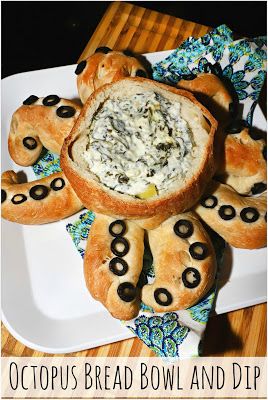 Octopus Bread Bowl and Dip- only 3 ingredients for this fun sea inspired dish! Beach Themed Appetizers, Octopus Charcuterie Board, Mermaid Brunch, Scuba Snacks, Octopus Themed Food, Octopus Pizza, Octopus Dessert, Octopus Snack, Pirate Dinner Party Food