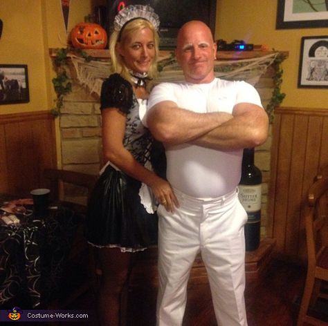 Jeff: Jeff is wearing the Mr. Clean costume. Jessica is wearing the maid costume. Its actually pretty simple. My head is always shaved and have been hearing I look like Mr.... Bald Halloween Costumes Couples, Mr Clean Halloween Costume Couples, Me Clean Costume, Maid Couple Costume, Mr Clean Couples Costume, Mr Clean Halloween Costume, Mr Clean Costume, Maid Halloween, College Halloween Party