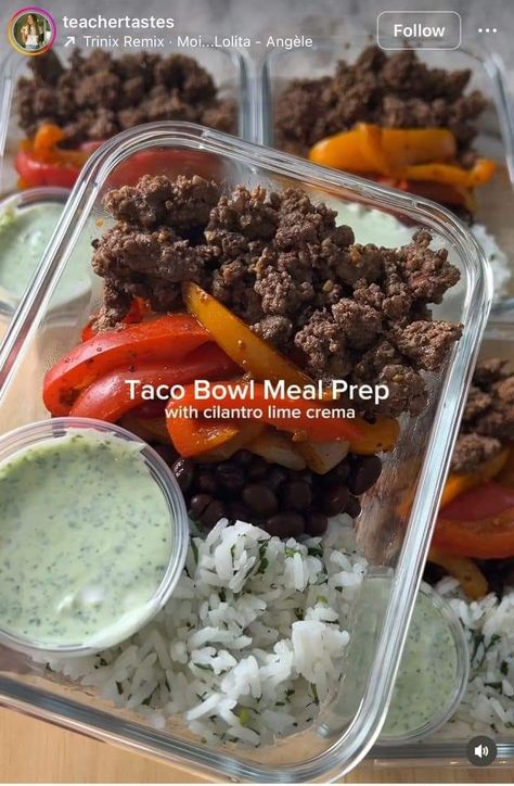 Taco Bowl Meal Prep, Cilantro Lime Crema, Bowl Meal Prep, Lime Crema, Can Black Beans, Taco Bowl, Healthy Lunch Snacks, Prep Food, Healthy Lunch Meal Prep